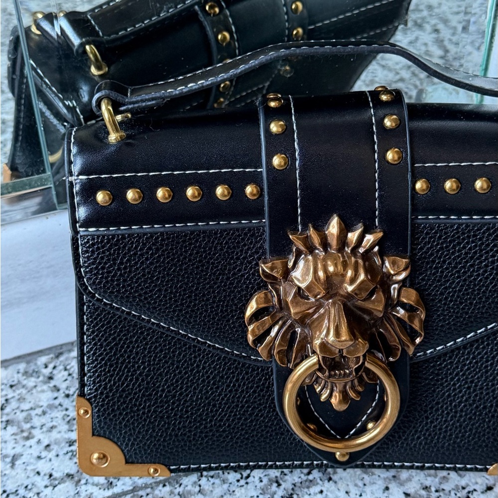 Black Faux Leather Lion Gold Embellished Bag Purse